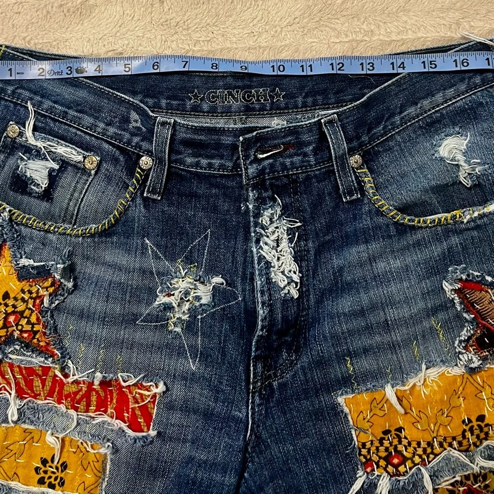 Upcycled One-Of-A-Kind Patchwork Denim Jorts with Star Patches - Picture 4 of 6